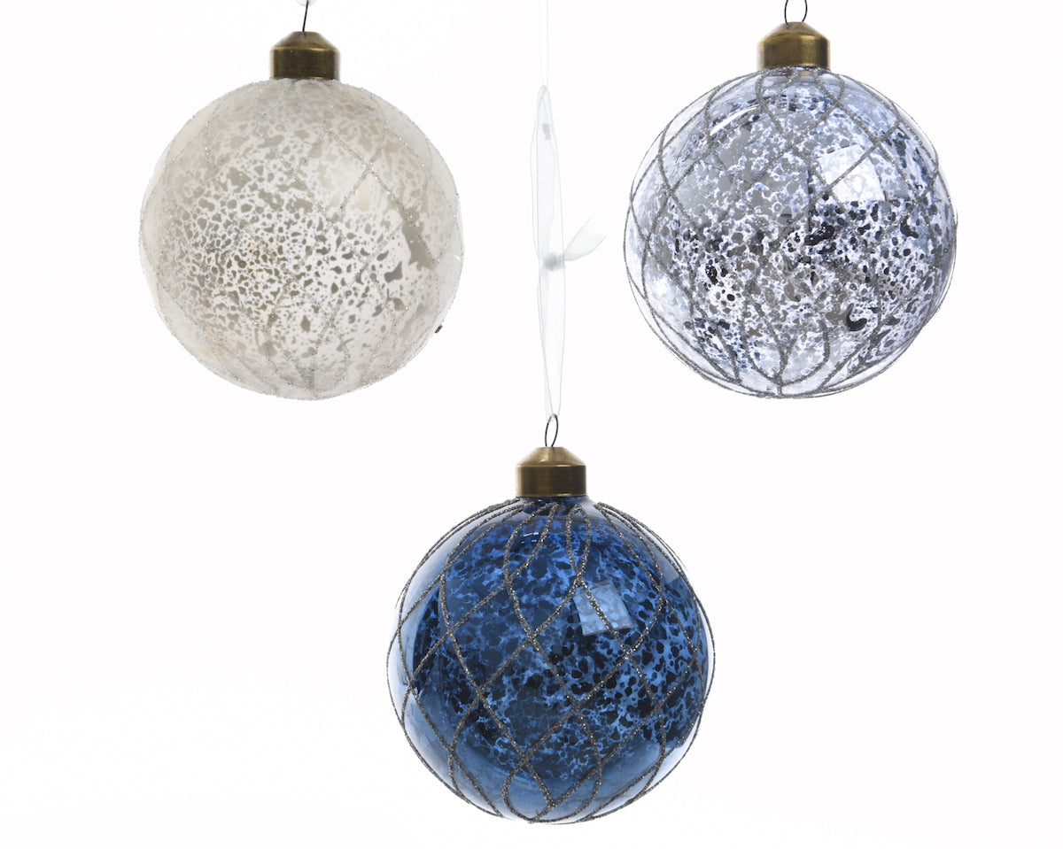 Weihnachtskugeln Eis/Glitter 3fach sortiert Farbe Weiß und Blau  - 8cm