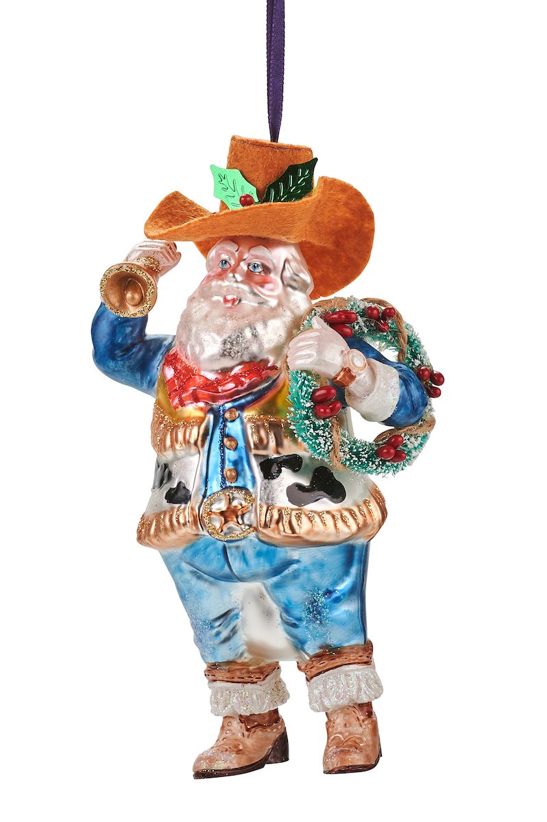 Hänger Cowboy Santa mit Kranz, blau  - 9x15,5x8,5cm
