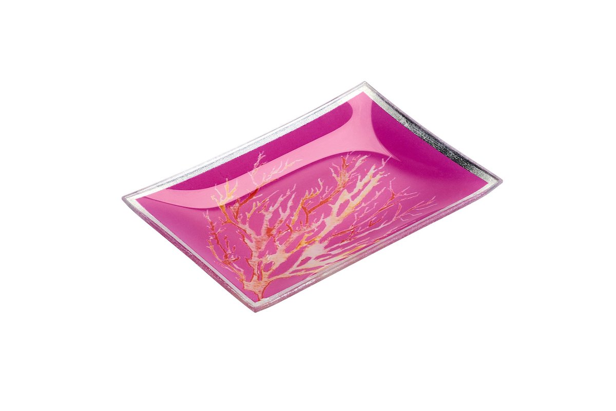 Glasteller, Koralle, Farbe Pink, Silberrand  - 10x0,8x14,2cm