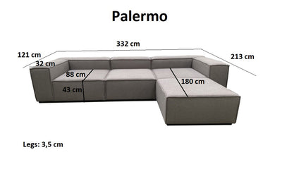 Palermo | Großes 3 Sitzer mit Chaise Lounge - Grau | Weicher Stoff