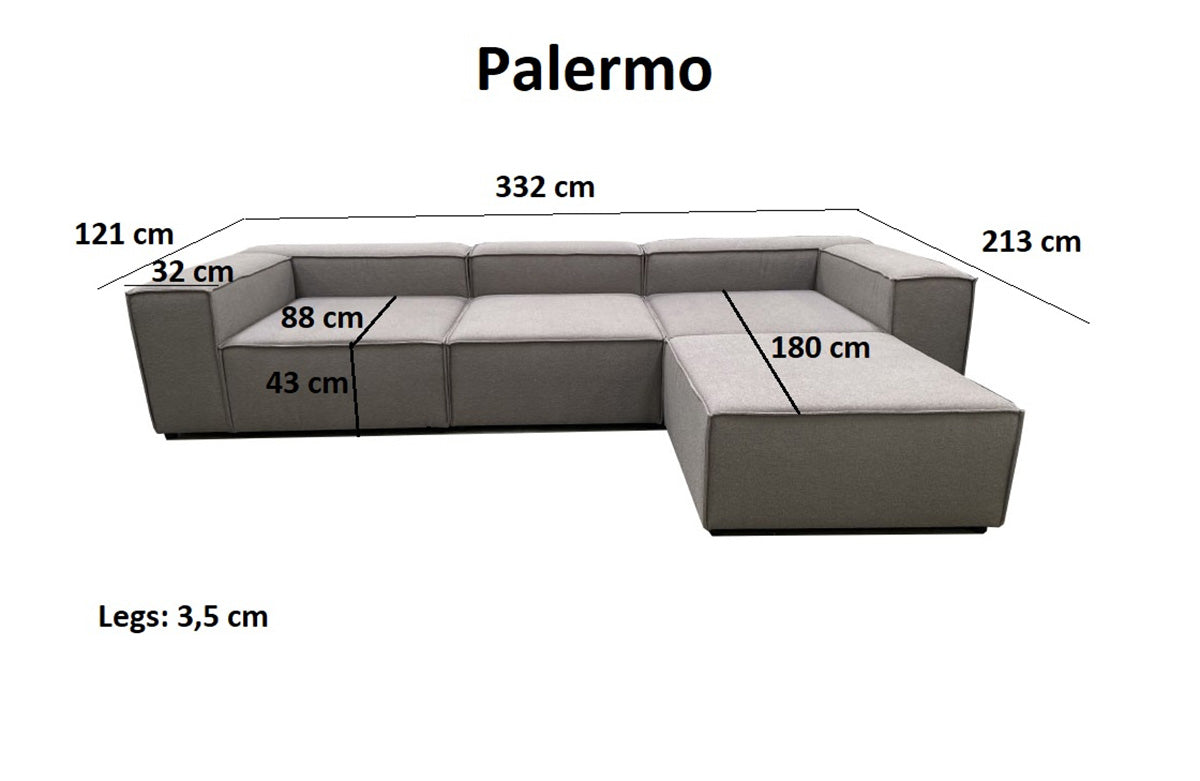 Palermo | Großes 3 Sitzer mit Chaise Lounge - Hellgrau | Samt Stoff